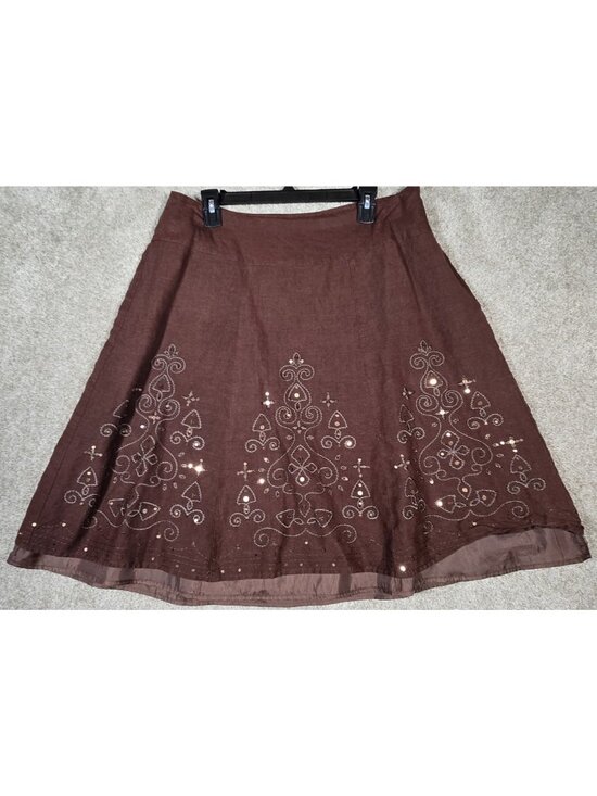 dressbarn Dresses & Skirts - Dressbarn Brown Linen Blend A-Line Skirt Embroidered Sequin Boho Lined Women 16